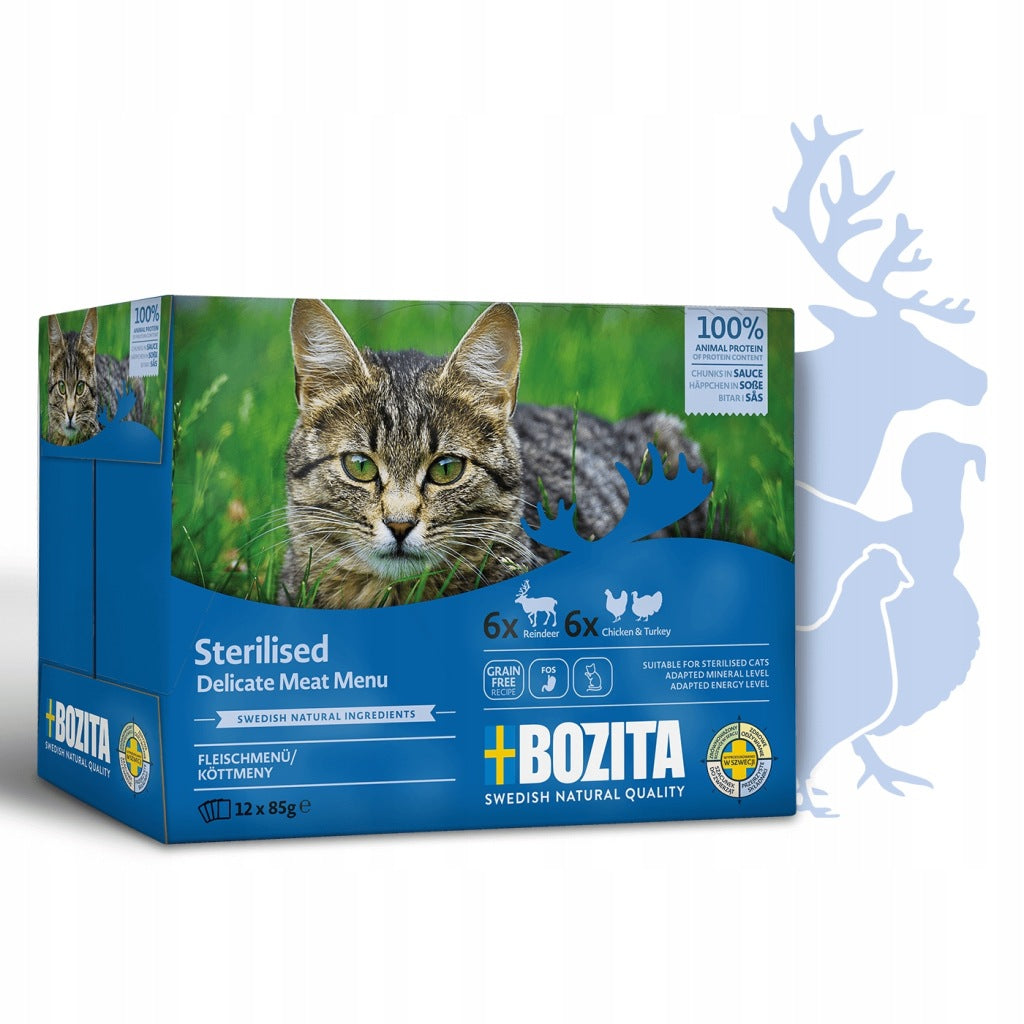 Bozita Sterilised mokra karma dla kota 12 x 85 g bezzbożowa w sosie – kurczak i renifer