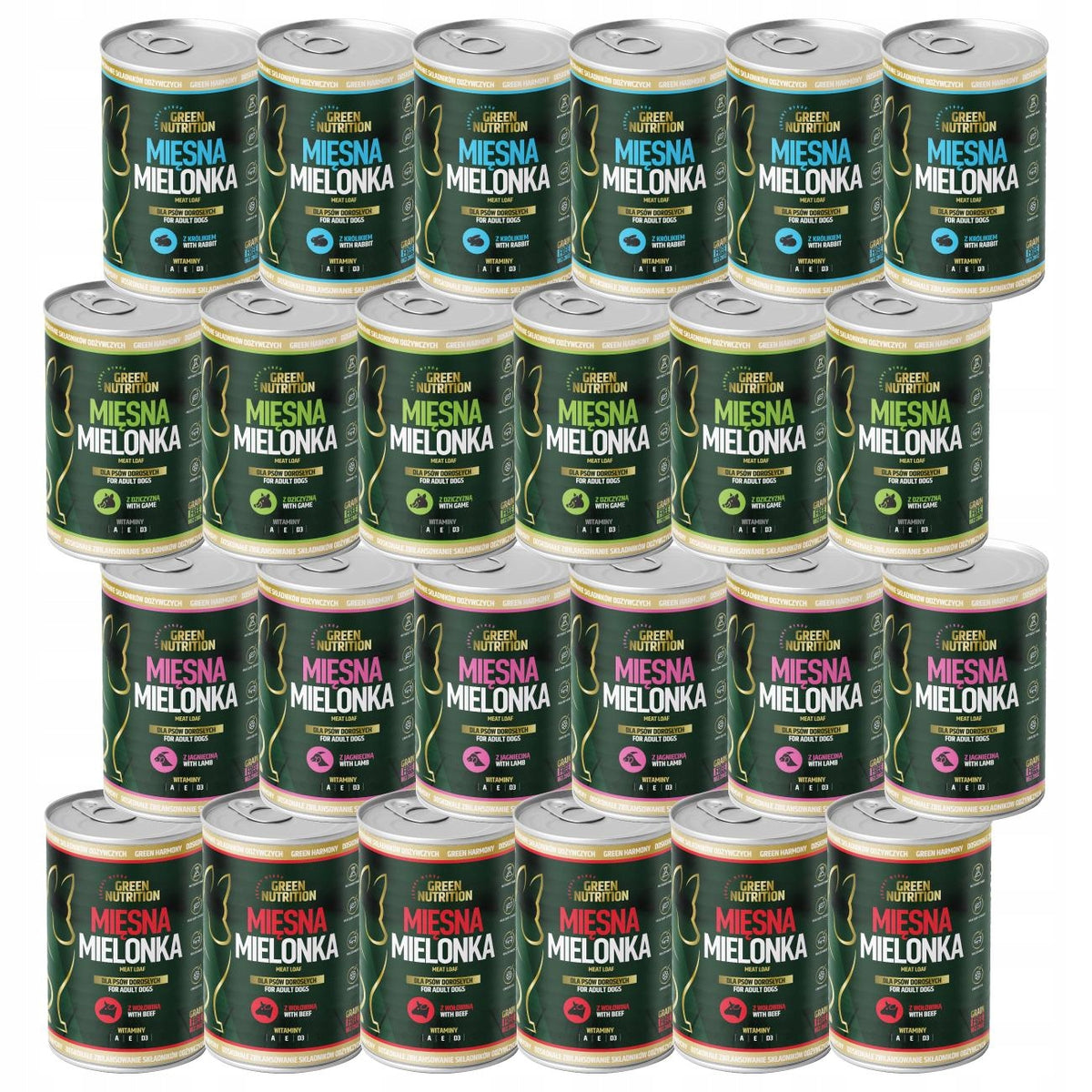 Green Nutrition mokra karma dla psa bezzbożowa 24 x 400 g, 65% mięsa – mix smaków