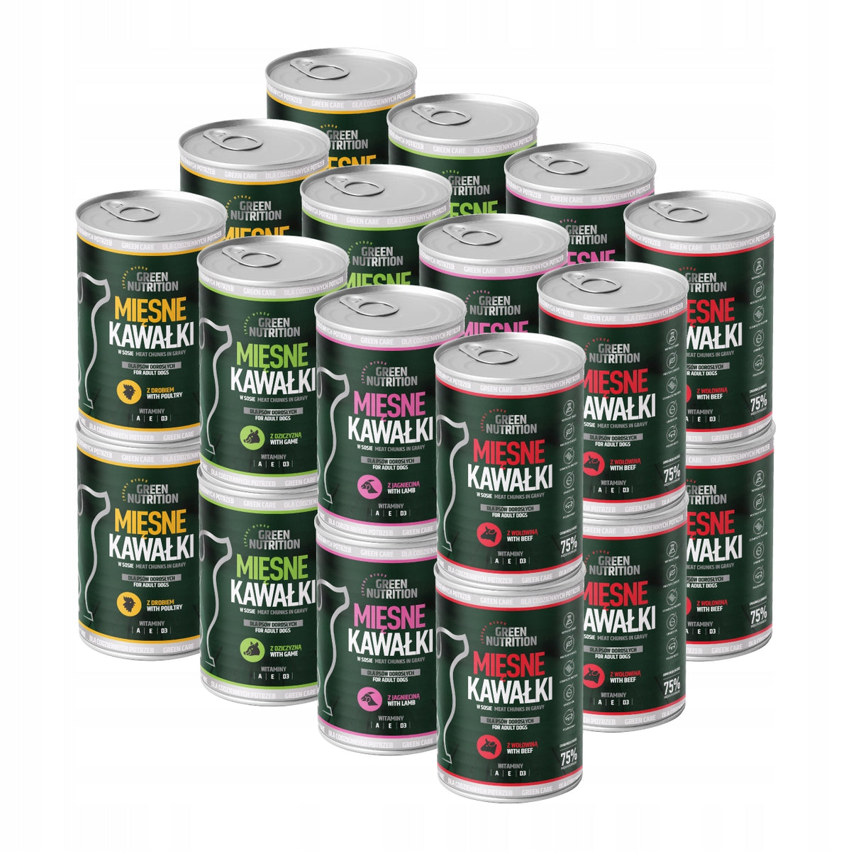 Green Nutrition mokra karma dla psa 24 x 415 g – 75% mięsa w kawałkach, mix smaków