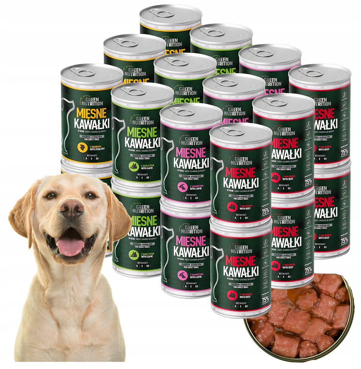 Green Nutrition mokra karma dla psa 24 x 415 g – 75% mięsa w kawałkach, mix smaków