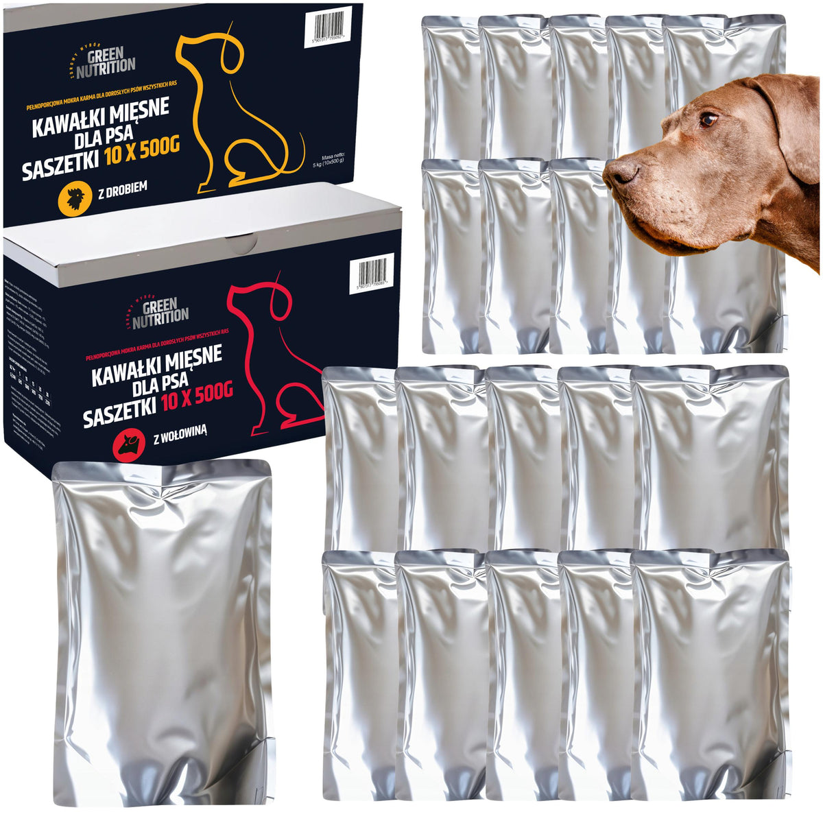 Green Nutrition mokra karma dla psa w saszetkach 20 x 500 g – wołowina i drób, mix