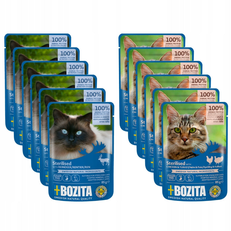 Bozita mokra karma dla kota w sosie 12 x 85 g – bezzbożowa, mix smaków renifer i kurczak