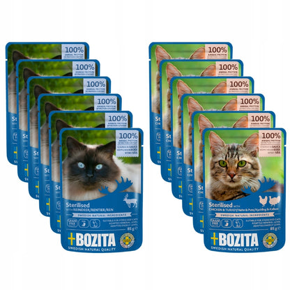 Bozita mokra karma dla kota w sosie 12 x 85 g – bezzbożowa, mix smaków renifer i kurczak