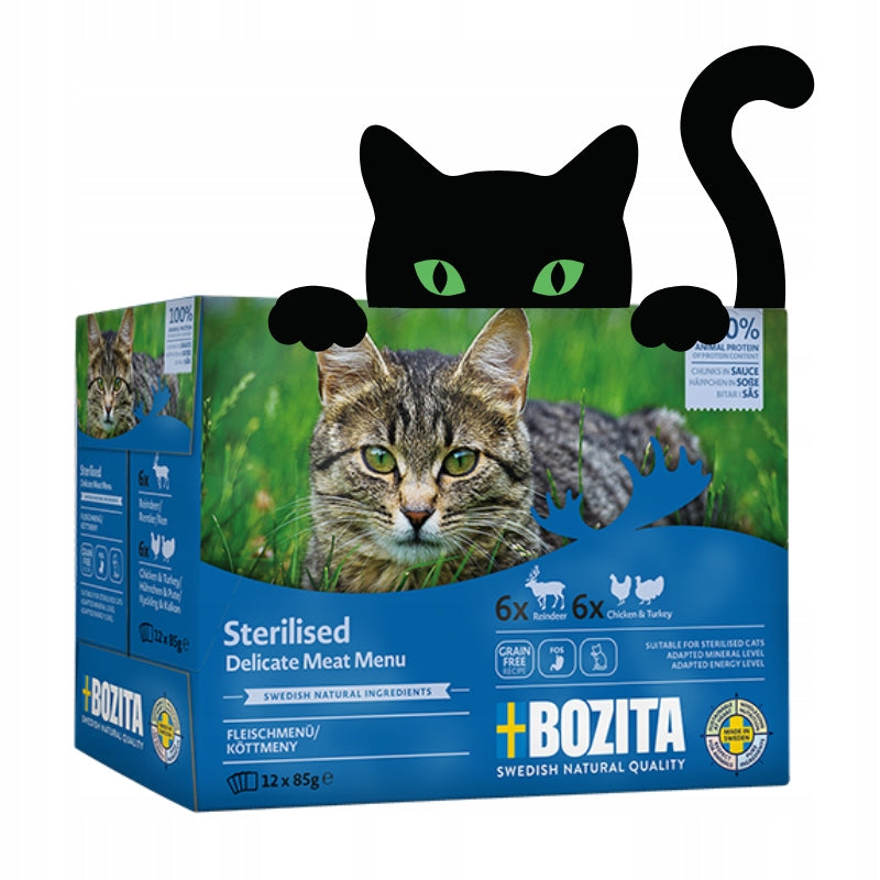 Bozita mokra karma dla kota w sosie 12 x 85 g – bezzbożowa, mix smaków renifer i kurczak