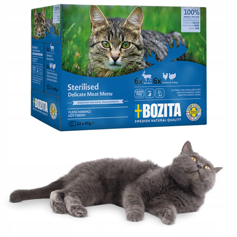 Bozita mokra karma dla kota w sosie 12 x 85 g – bezzbożowa, mix smaków renifer i kurczak
