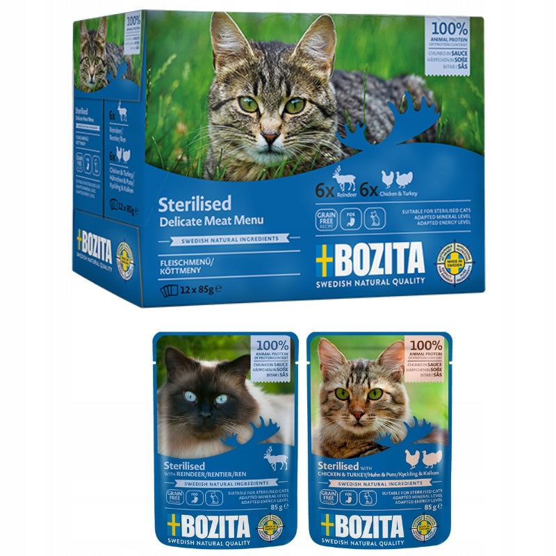 Bozita mokra karma dla kota w sosie 12 x 85 g – bezzbożowa, mix smaków renifer i kurczak