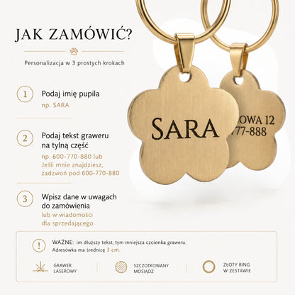 Pupido Adresówka dla psa mosiężna z grawerem laserowym, kwiatek 3 cm – złota