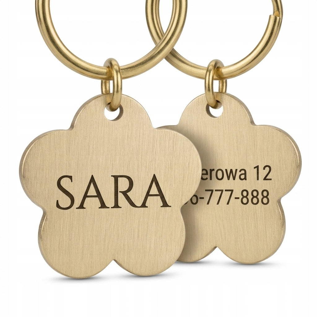 Pupido Adresówka dla psa mosiężna z grawerem laserowym, kwiatek 3 cm – złota