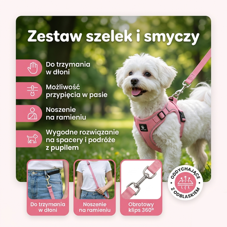 Szelki miękkie oddychające z odblaskiem i smyczą dla psa