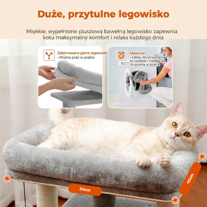 Drapak dwupoziomowy z miękkim legowiskiem i budką stabilny i bezpieczny dla kota