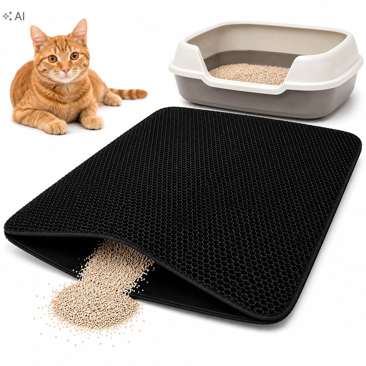 Mata pod kuwetę dla kota 75 x 55 cm dwuwarstwowa z sitem na żwirek, wodoodporna – czarna