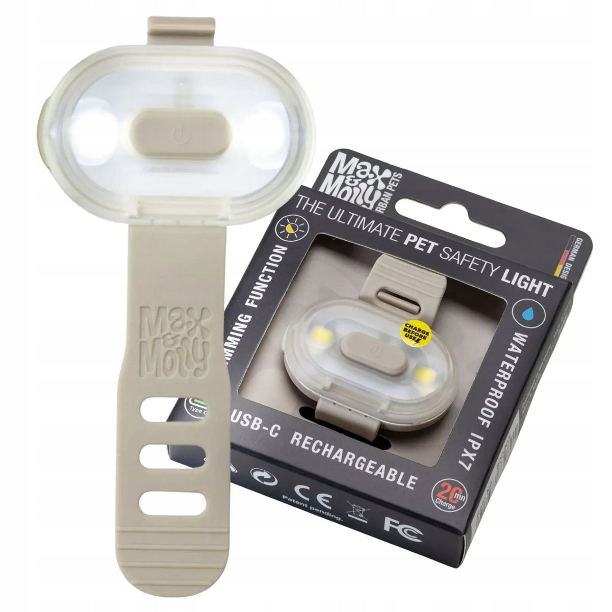Max&Molly Lampka LED dla psa Matrix 2.0 Ultra – wodoodporna, ładowana USB, beżowa