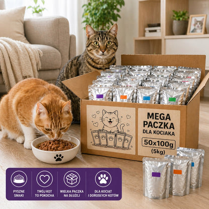Mokra karma dla kota dorosłego 50 saszetek 85/100 g bez cukru – mix smaków