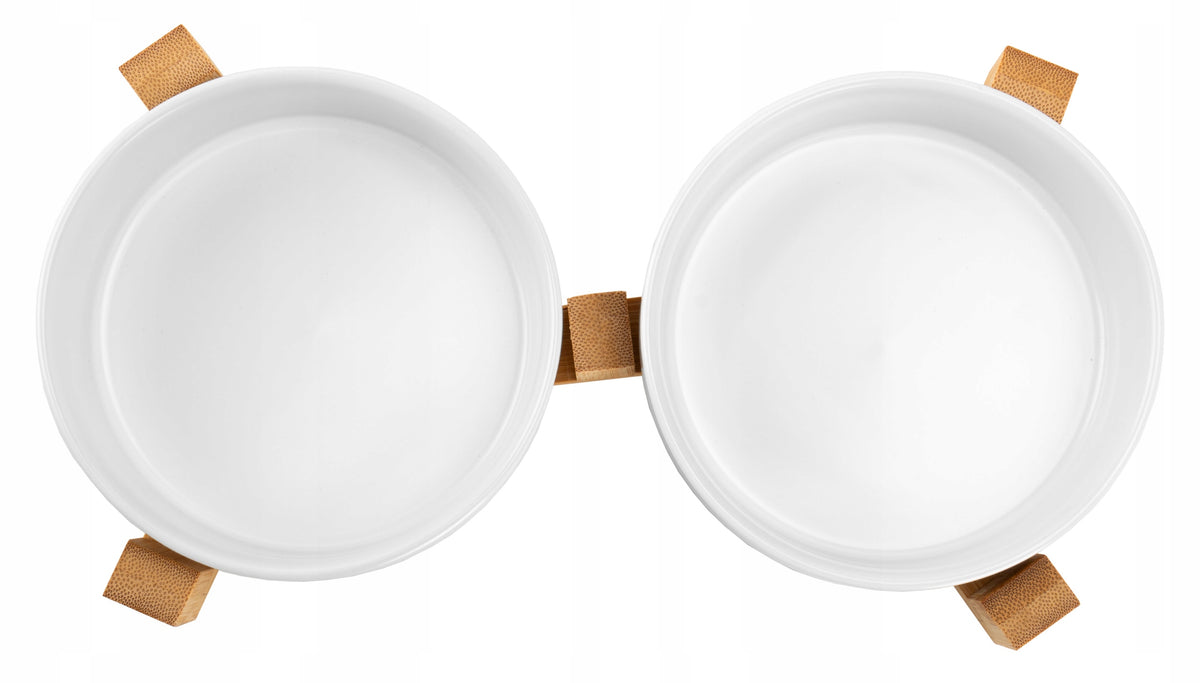 Zwierzopasja Podwójna miska ceramiczna dla psa i kota 2x400 ml na bambusowym stojaku – biała