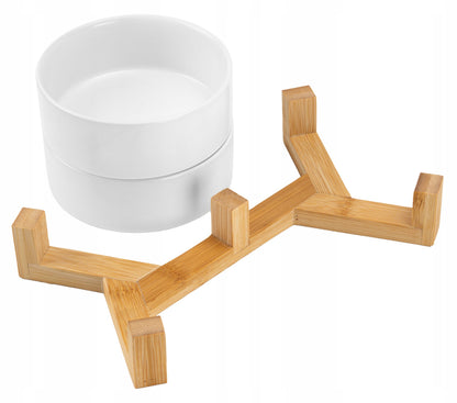Zwierzopasja Podwójna miska ceramiczna dla psa i kota 2x400 ml na bambusowym stojaku – biała