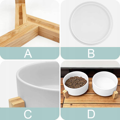 Zwierzopasja Podwójna miska ceramiczna dla psa i kota 2x400 ml na bambusowym stojaku – biała