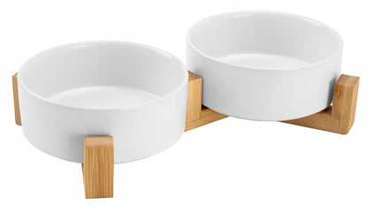 Zwierzopasja Podwójna miska ceramiczna dla psa i kota 2x400 ml na bambusowym stojaku – biała