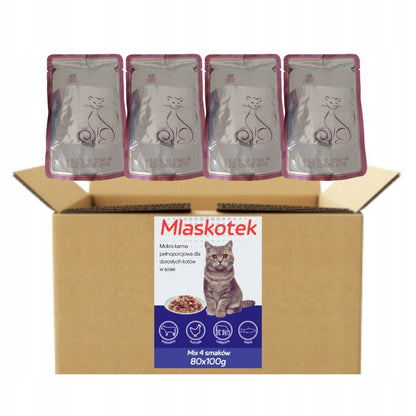 Mlaskotek mokra karma dla kota w saszetkach 80x100g – kawałki w sosie, mix 4 smaków