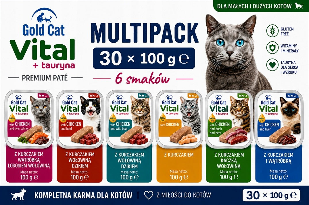Gold Dog Mokra karma dla kota Gold Cat Vital 30 x 100 g pasztet – mix 6 smaków