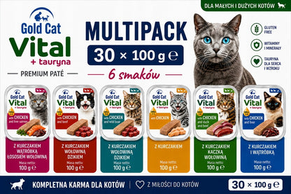 Gold Dog Mokra karma dla kota Gold Cat Vital 30 x 100 g pasztet – mix 6 smaków