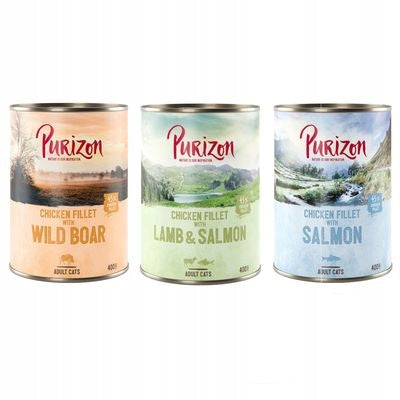 Purizon mokra karma dla kota bezzbożowa w puszkach 3 x 400 g – mix smaków