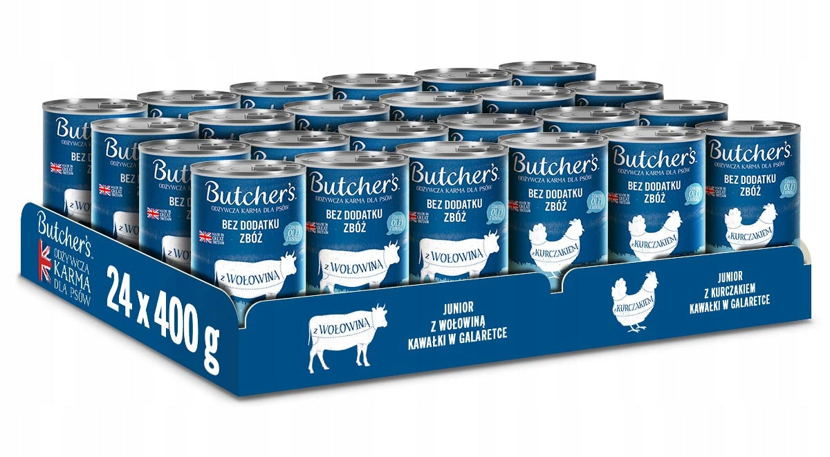 Butcher's Mokra karma dla szczeniąt Junior 24 x 400 g w galaretce – wołowina i kurczak