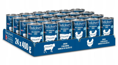 Butcher's Mokra karma dla szczeniąt Junior 24 x 400 g w galaretce – wołowina i kurczak