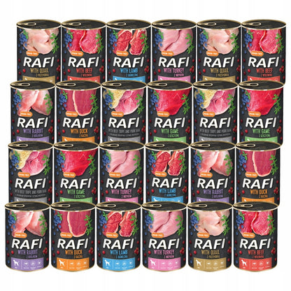 Rafi mokra karma dla psa bezzbożowa 24 x 400 g w puszkach dla dorosłych psów – mix smaków