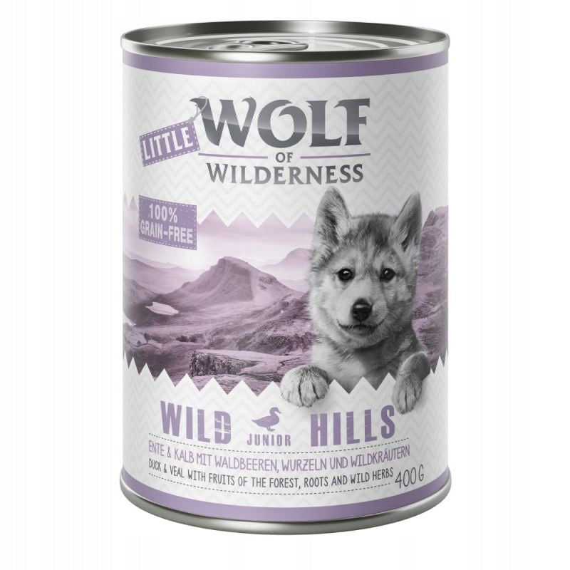 Wolf of Wilderness Junior mokra karma dla szczeniąt 6 x 400 g bezzbożowa – kaczka i cielęcina