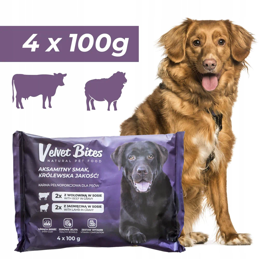 Velvet Bites mokra karma dla psa bez zbóż 40 x 100 g – saszetki w sosie, wołowina i jagnięcina