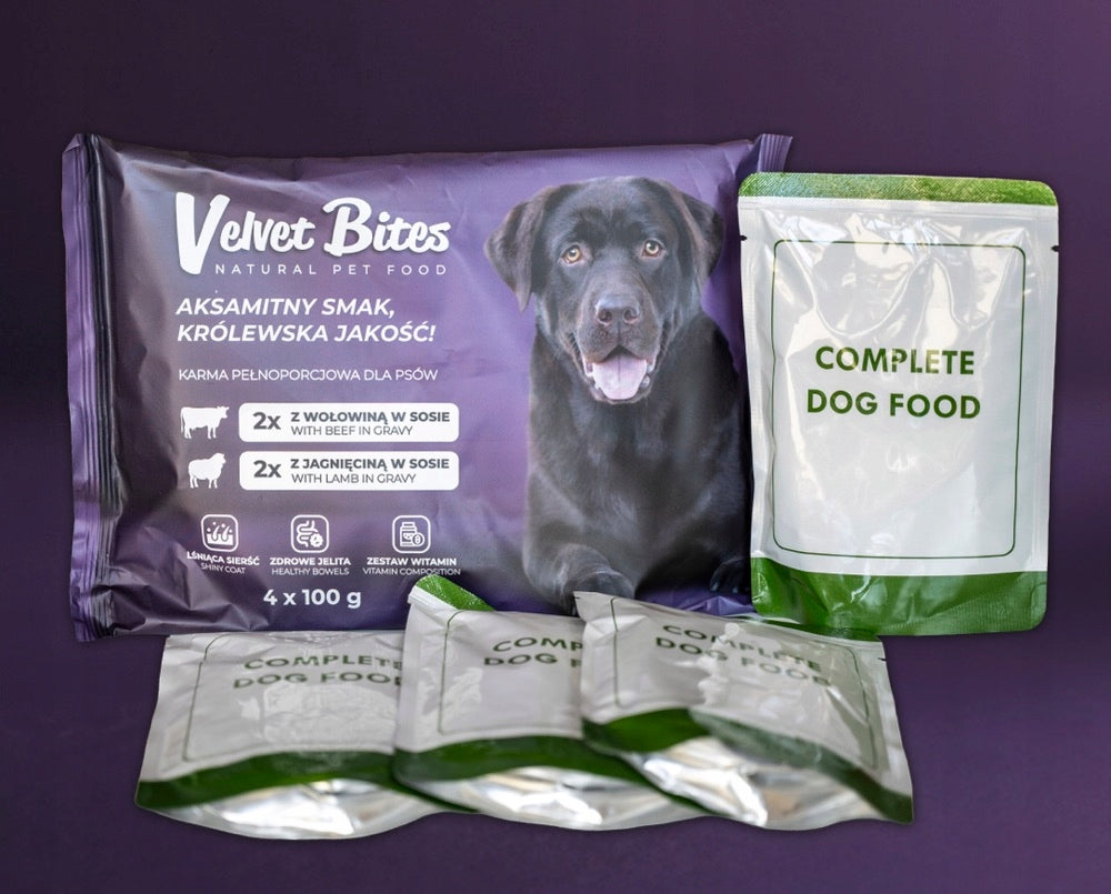 Velvet Bites mokra karma dla psa bez zbóż 40 x 100 g – saszetki w sosie, wołowina i jagnięcina