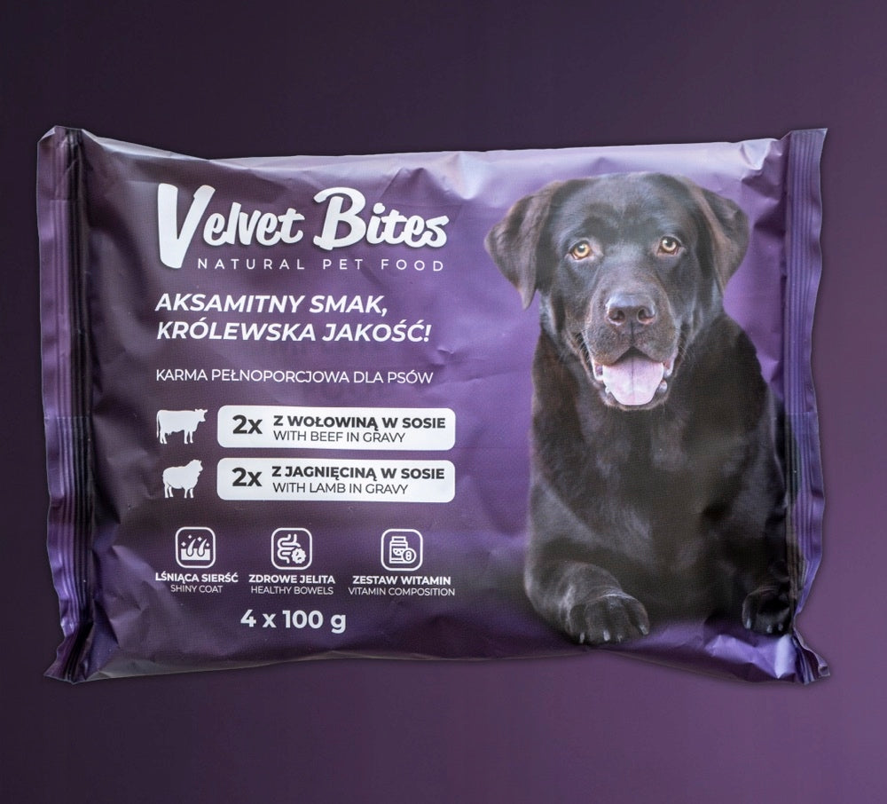Velvet Bites mokra karma dla psa bez zbóż 40 x 100 g – saszetki w sosie, wołowina i jagnięcina