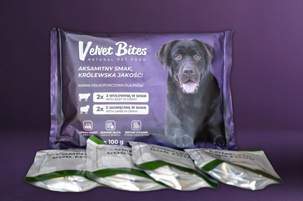 Velvet Bites mokra karma dla psa bez zbóż 40 x 100 g – saszetki w sosie, wołowina i jagnięcina