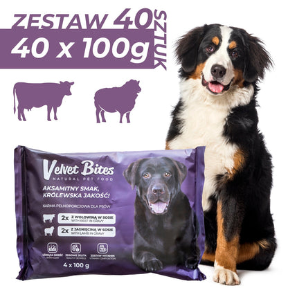 Velvet Bites mokra karma dla psa bez zbóż 40 x 100 g – saszetki w sosie, wołowina i jagnięcina
