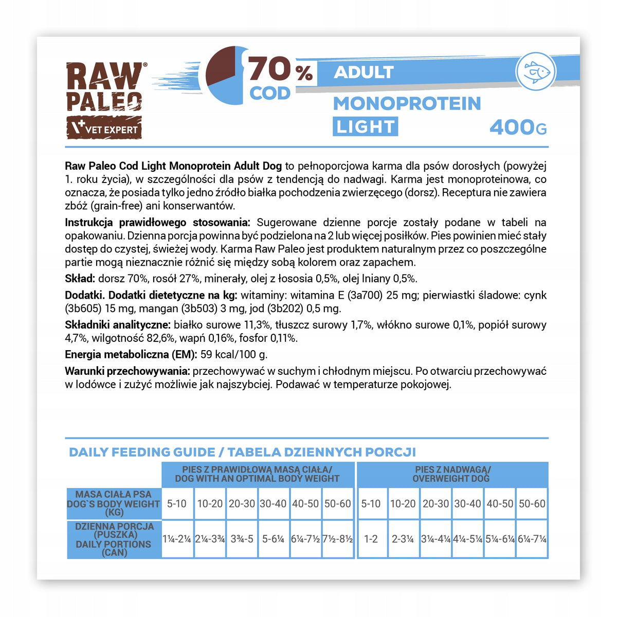 RAW PALEO Mokra karma dla psa light z dorszem, monobiałkowa, bezzbożowa – 12 x 400 g