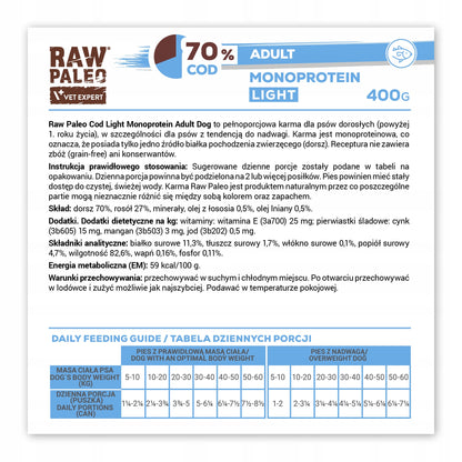 RAW PALEO Mokra karma dla psa light z dorszem, monobiałkowa, bezzbożowa – 12 x 400 g