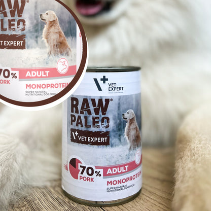 Raw Paleo mokra karma dla psa monobiałkowa z wieprzowiną 12 x 400 g – bezzbożowa, hipoalergiczna