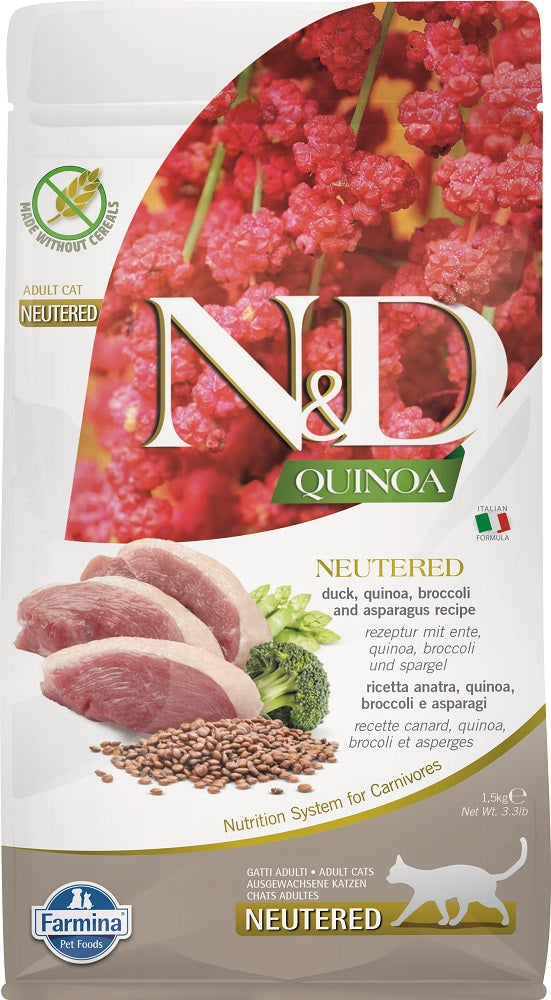 Farmina N&D Quinoa sucha karma dla kota sterylizowanego 1,5 kg bezzbożowa – kaczka