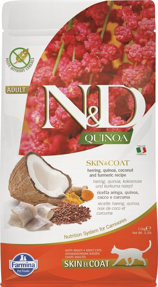 Farmina N&D Quinoa sucha karma dla kota 1,5 kg bezzbożowa, skóra i sierść – śledź