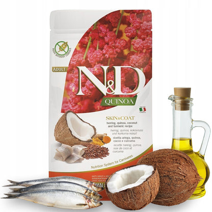 Farmina N&D Quinoa sucha karma dla kota 1,5 kg bezzbożowa, skóra i sierść – śledź