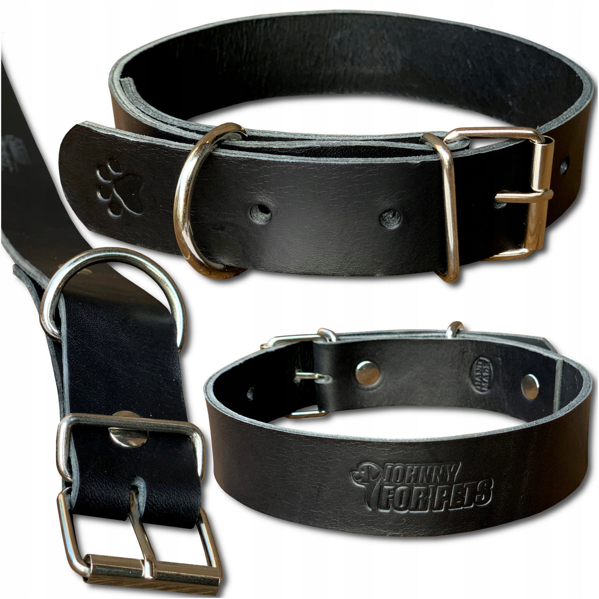 Obroża dla psa ze skóry bydlęcej 3 cm, stalowa klamra, obwód 45–57 cm – XL, czarna