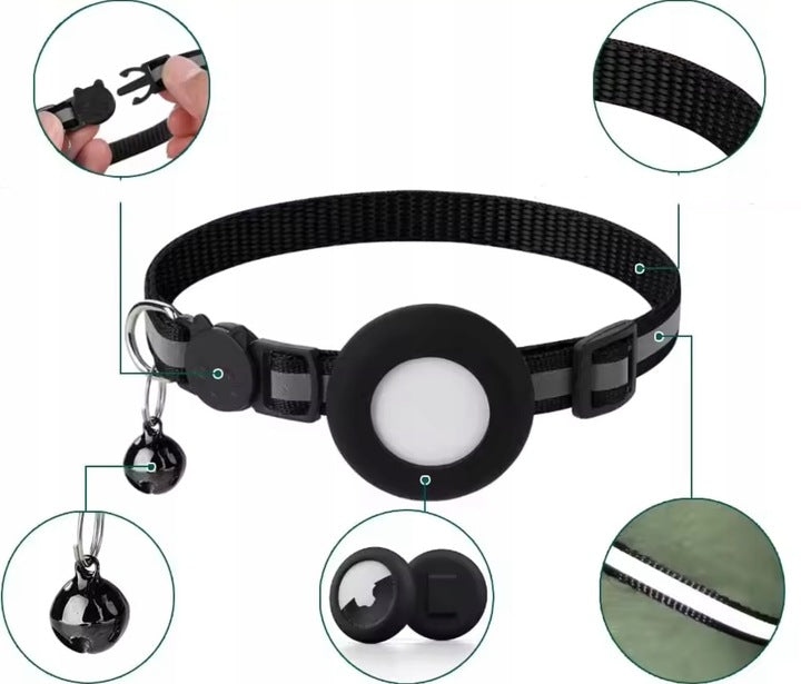 Obroża z lokalizatorem Bluetooth dla kota, bateria CR2032, aplikacja iOS/Android – czarna