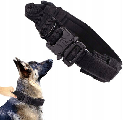 Obroża taktyczna dla dużego psa z uchwytem i stalową klamrą, nylon 4 cm, rozmiar M – czarna