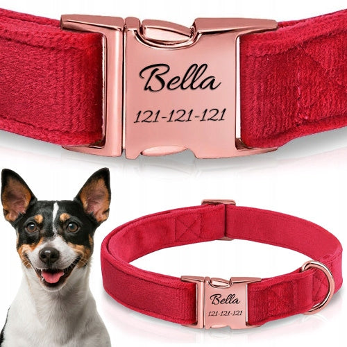REVERSE Obroża welurowa dla psa z grawerem, regulowana 27-45 cm, 20 mm – czerwona, S/M