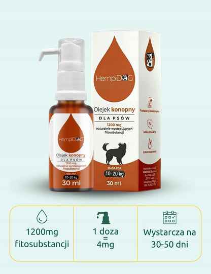 Hempidog olejek konopny CBD dla psa 10-20 kg, 1200 mg, 30 ml – z olejem z ryb i pompką