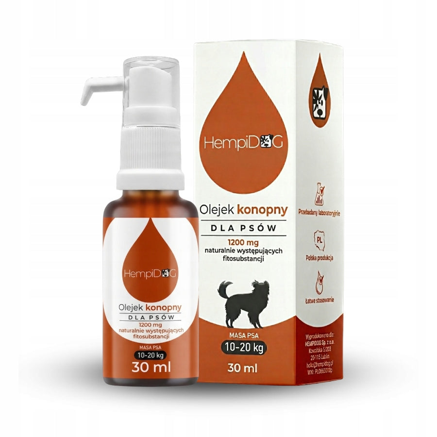 Hempidog olejek konopny CBD dla psa 10-20 kg, 1200 mg, 30 ml – z olejem z ryb i pompką