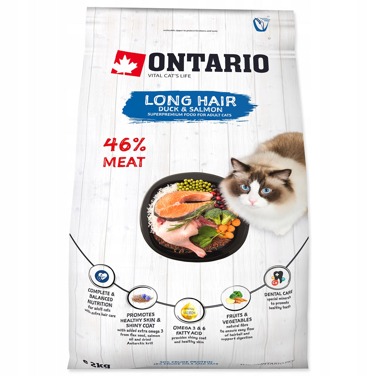 Ontario Cat Long Hair sucha karma dla kota długowłosego 2 kg – kaczka i łosoś