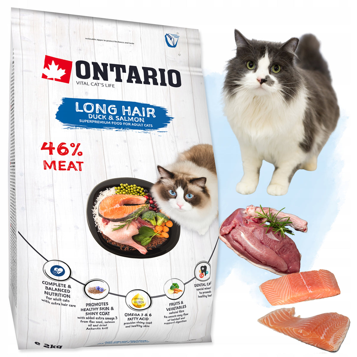 Ontario Cat Long Hair sucha karma dla kota długowłosego 2 kg – kaczka i łosoś