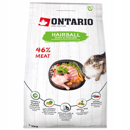 Ontario Cat Hairball sucha karma odkłaczająca dla kotów 2 kg – bezzbożowa, kaczka z kurczakiem