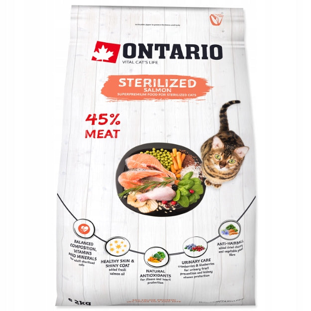 Ontario sucha karma dla kota sterylizowanego 2 kg z łososiem – dla dorosłych kotów